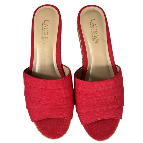 Lauren Ralph Lauren Red Karlia Canvas Espadrille Wedge Sandals Open Toe Slip On - Picture 1 of 7